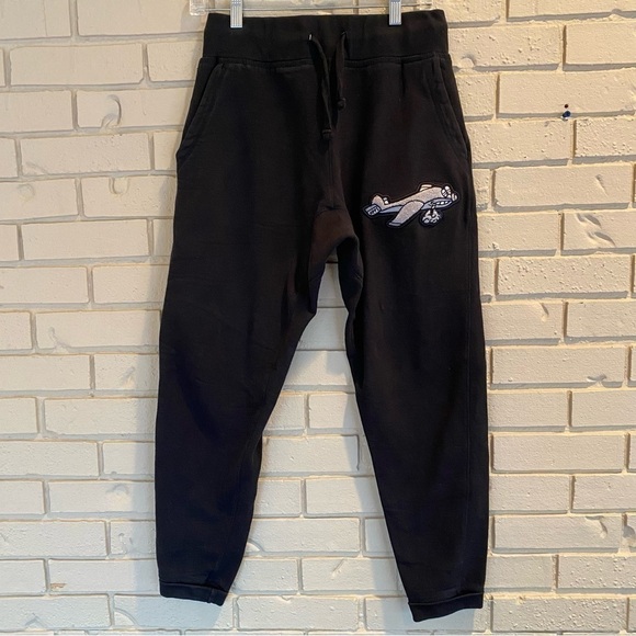 Womens Logo Airplane Patch Jogger Sweatpants Black Medium M Made In USA - Picture 1 of 8